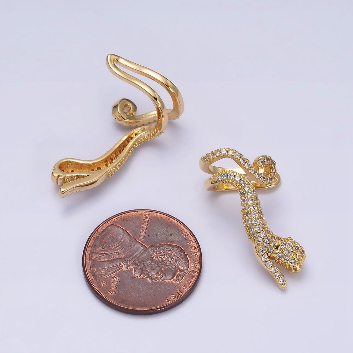 16K Gold Filled Leaping Panther Leopard Animal Micro Paved CZ Ear Cuff Earrings in Gold & Silver | AI-019 AI-020
