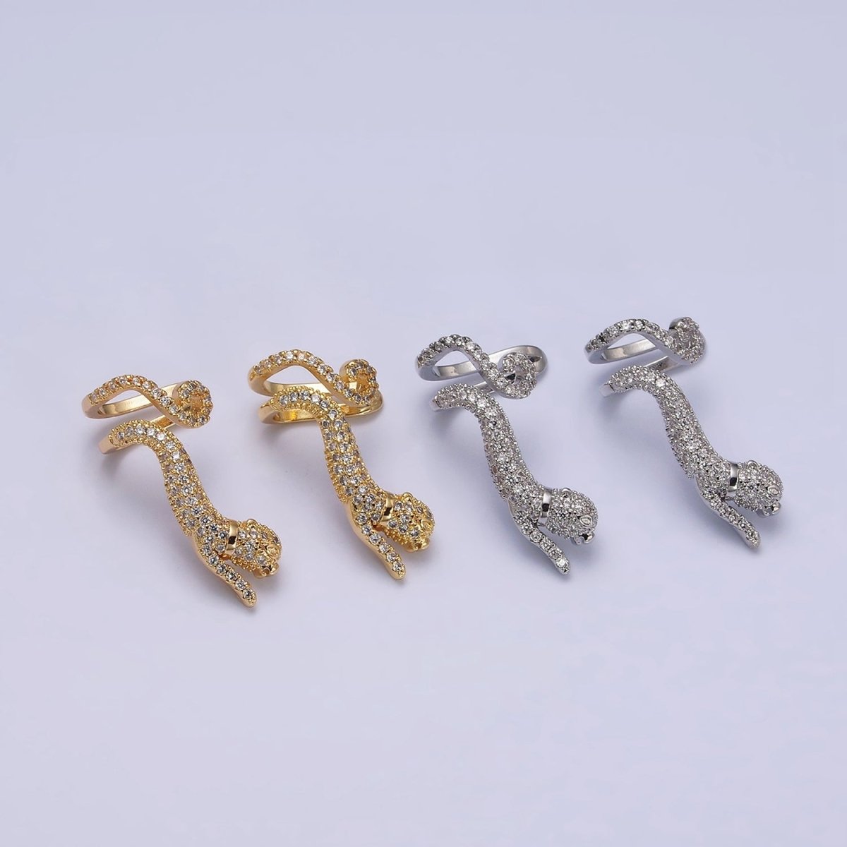 16K Gold Filled Leaping Panther Leopard Animal Micro Paved CZ Ear Cuff Earrings in Gold & Silver | AI-019 AI-020