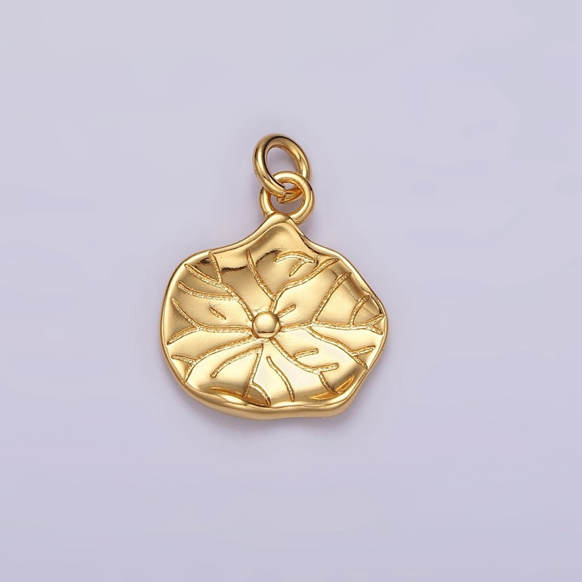 16K Gold Filled Lily Pad Leaf Nature Hammered Round Charm | AC852