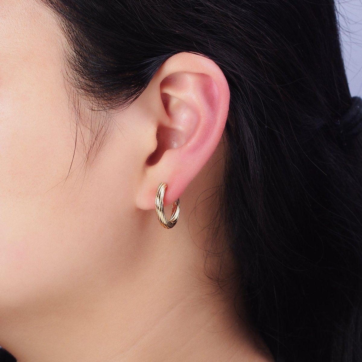 16K Gold Filled Line-Textured Twisted 17mm Endless Hoop Earrings | AD1293