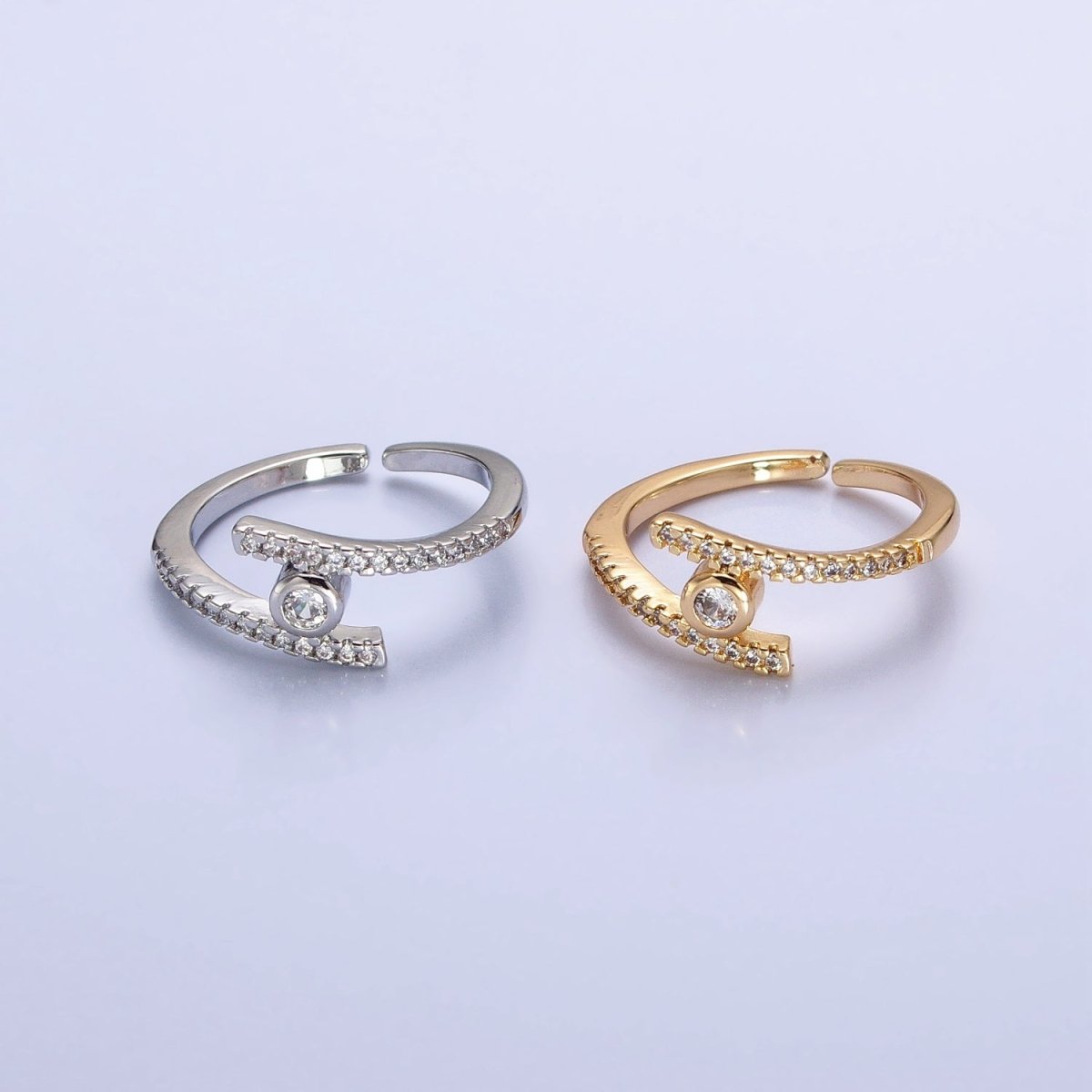 16K Gold Filled Linear Double Micro Paved Band Adjustable Ring in Gold & Silver | O-1916 O-1917