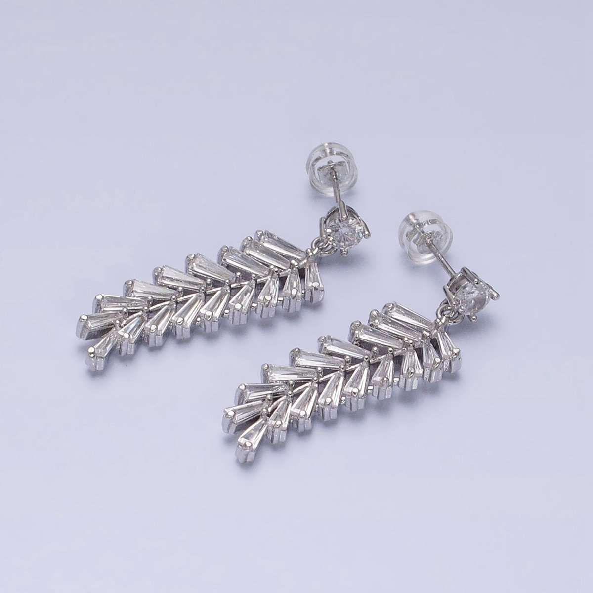 16K Gold Filled Long Majesty Palm Leaf Olive Baguette Drop Stud Earrings in Gold & Silver | AD818 AD819