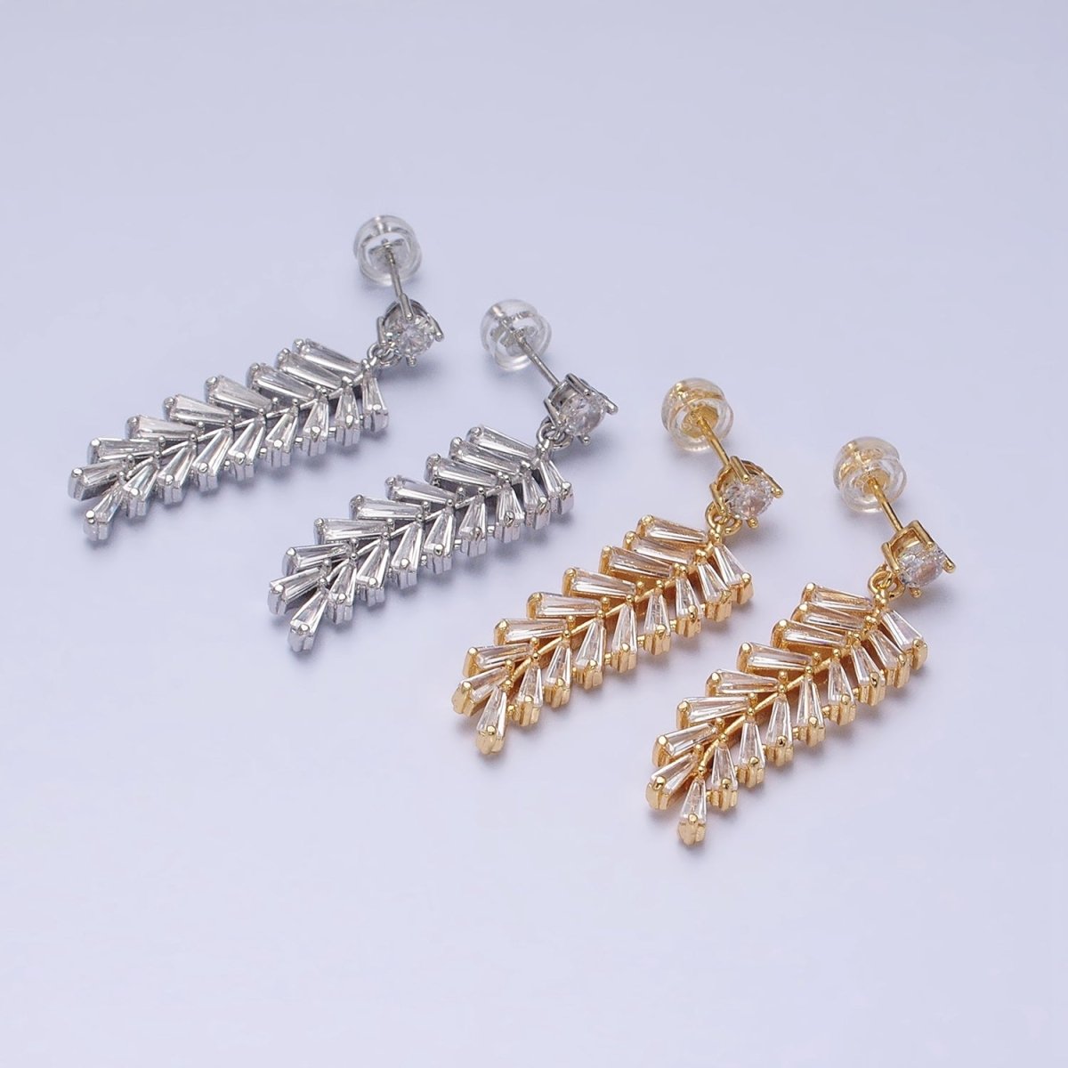 16K Gold Filled Long Majesty Palm Leaf Olive Baguette Drop Stud Earrings in Gold & Silver | AD818 AD819
