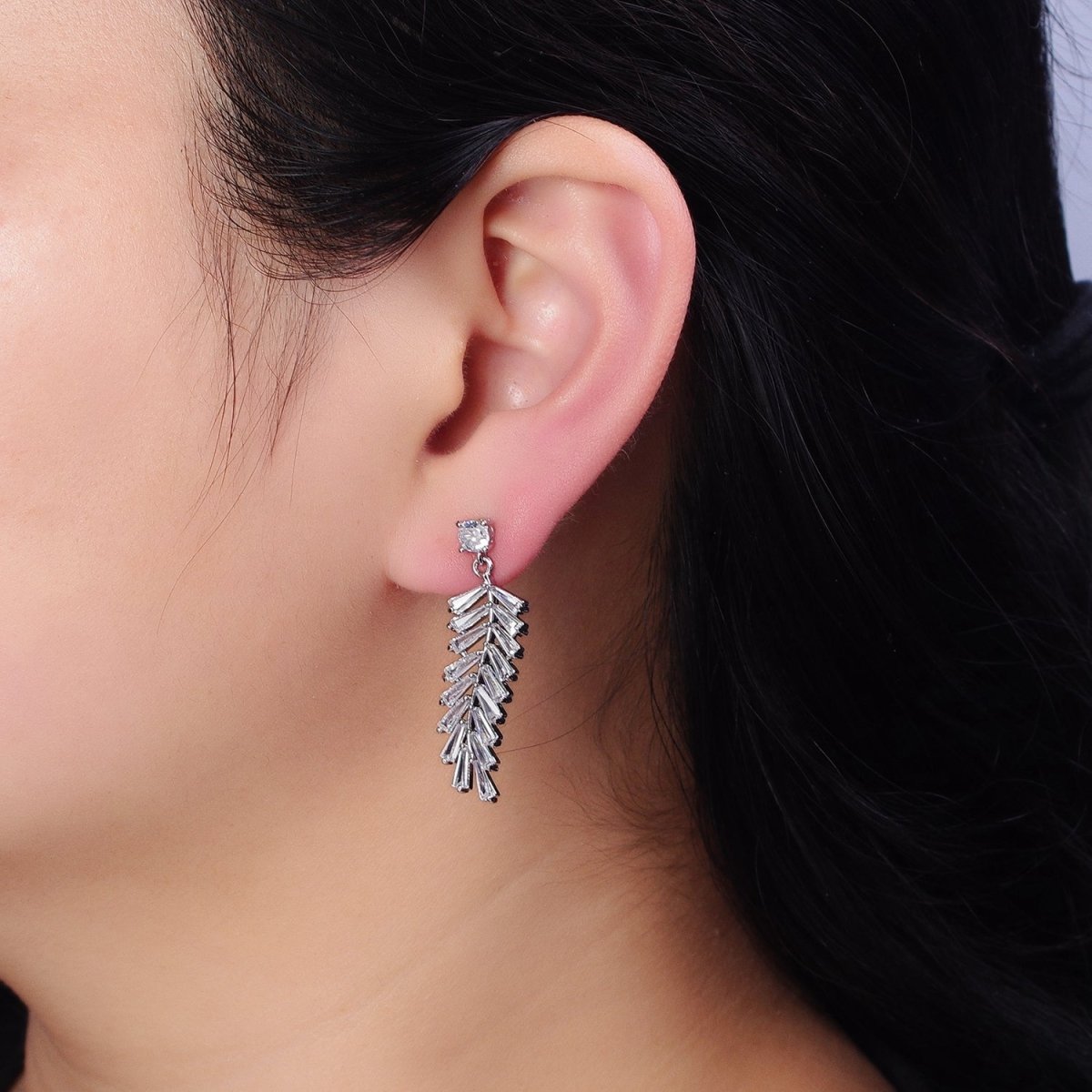 16K Gold Filled Long Majesty Palm Leaf Olive Baguette Drop Stud Earrings in Gold & Silver | AD818 AD819