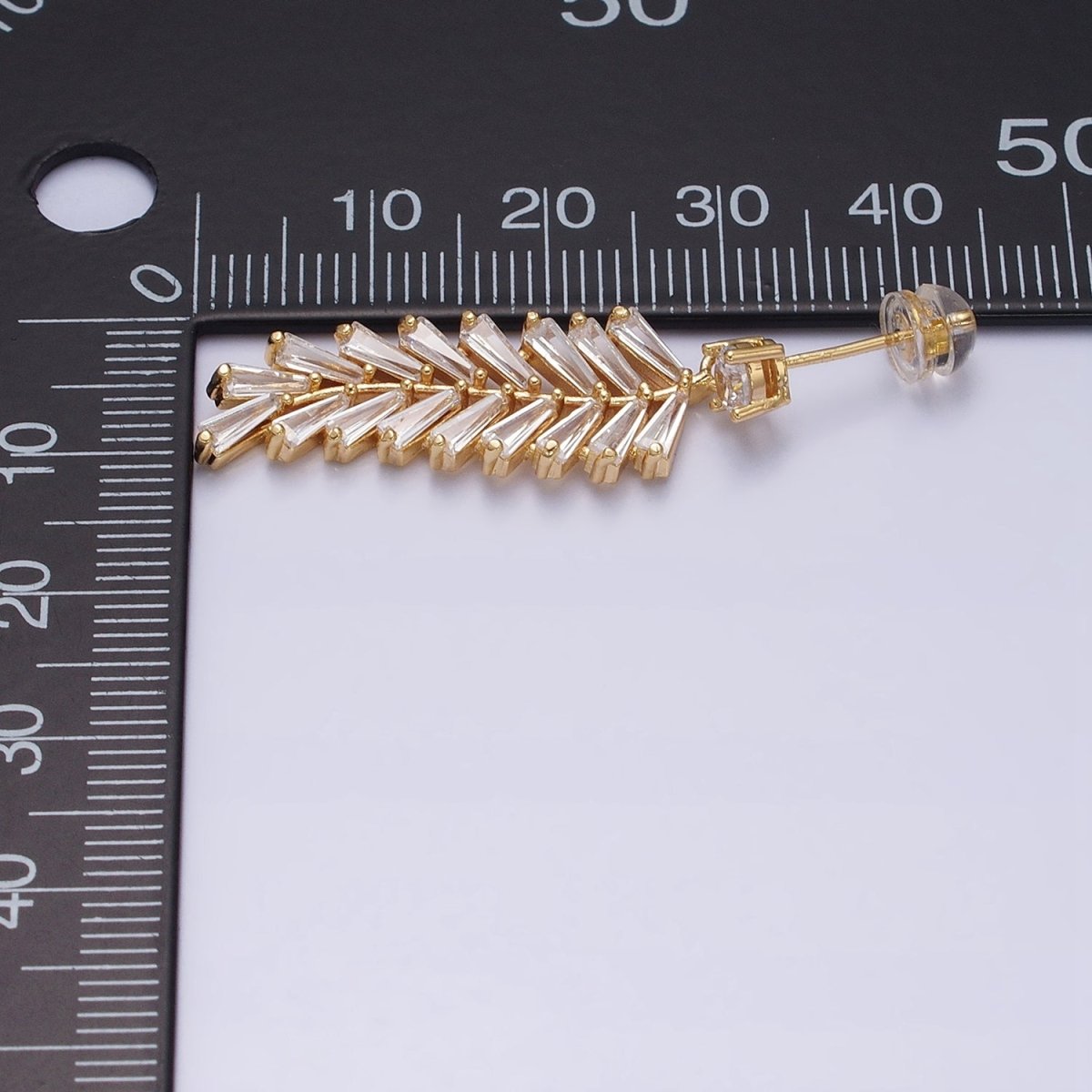 16K Gold Filled Long Majesty Palm Leaf Olive Baguette Drop Stud Earrings in Gold & Silver | AD818 AD819