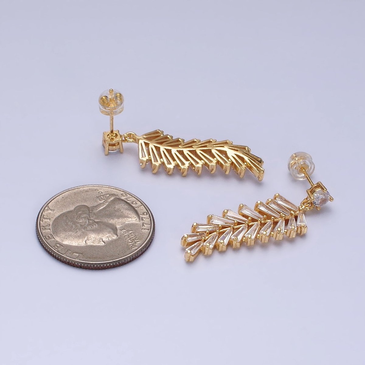 16K Gold Filled Long Majesty Palm Leaf Olive Baguette Drop Stud Earrings in Gold & Silver | AD818 AD819