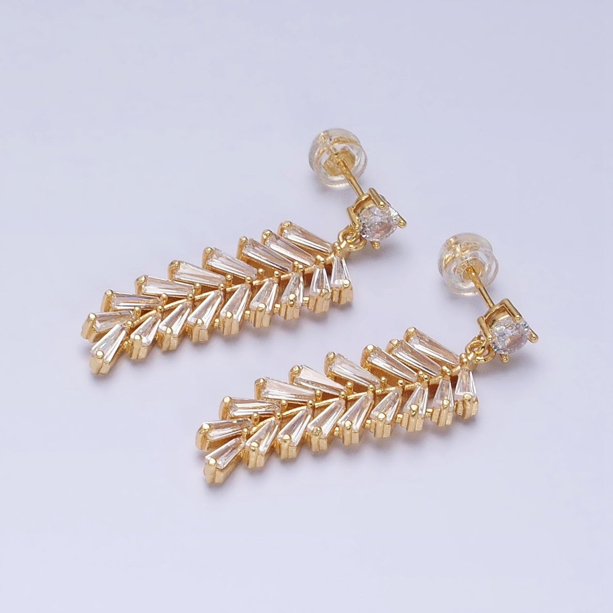 16K Gold Filled Long Majesty Palm Leaf Olive Baguette Drop Stud Earrings in Gold & Silver | AD818 AD819