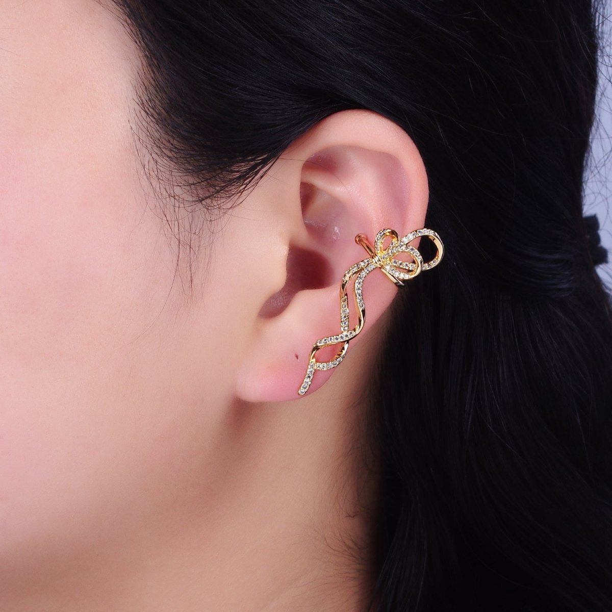 16K Gold Filled Long Ribbon Bow Twist Micro Paved Ear Cuff Earrings in Gold & Silver | AI-075 AI-076