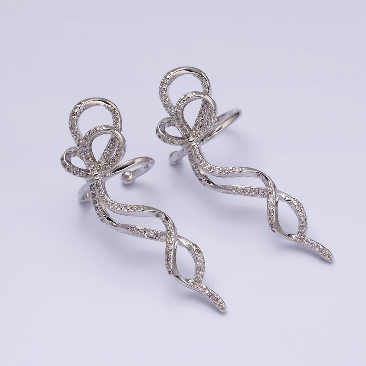 16K Gold Filled Long Ribbon Bow Twist Micro Paved Ear Cuff Earrings in Gold & Silver | AI-075 AI-076