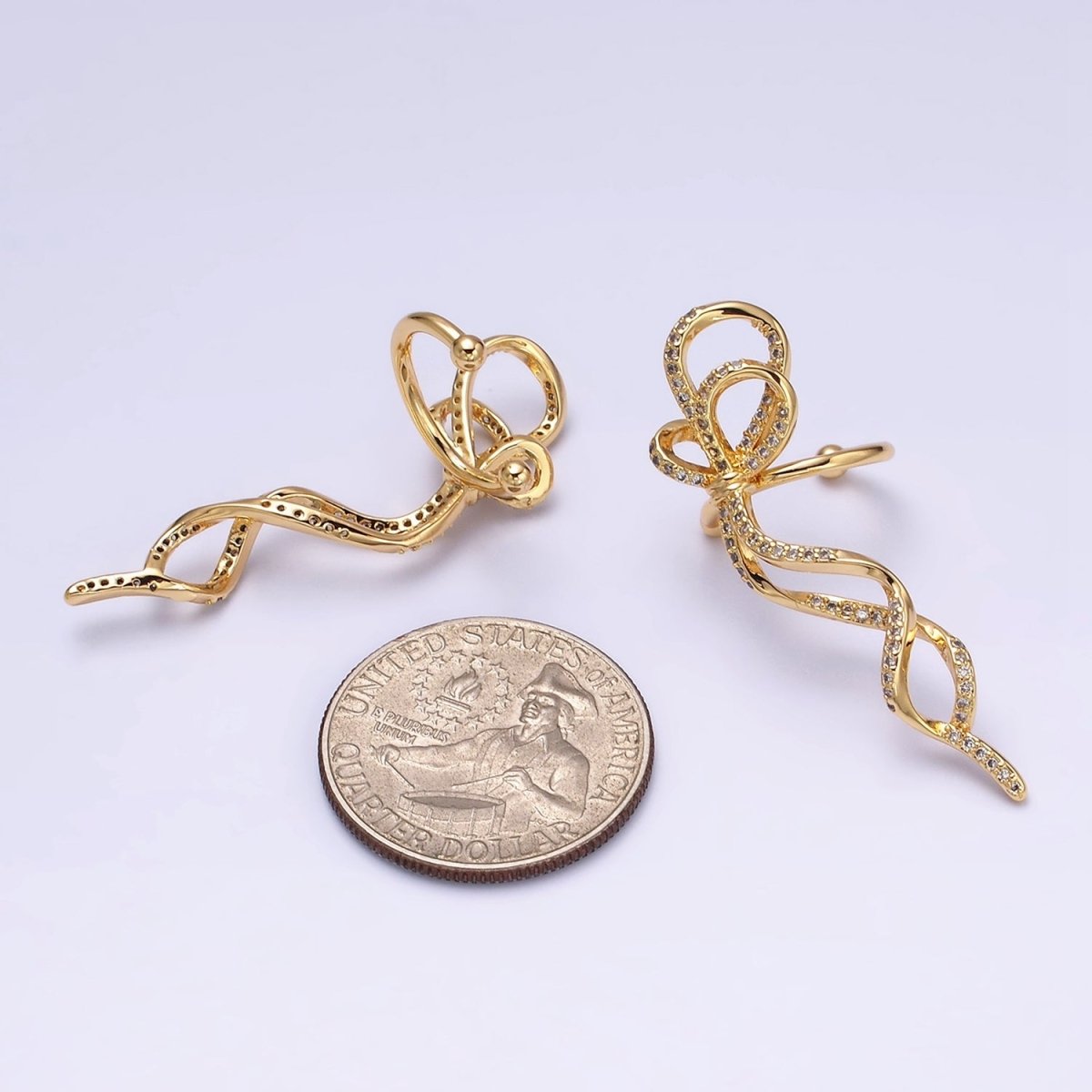 16K Gold Filled Long Ribbon Bow Twist Micro Paved Ear Cuff Earrings in Gold & Silver | AI-075 AI-076