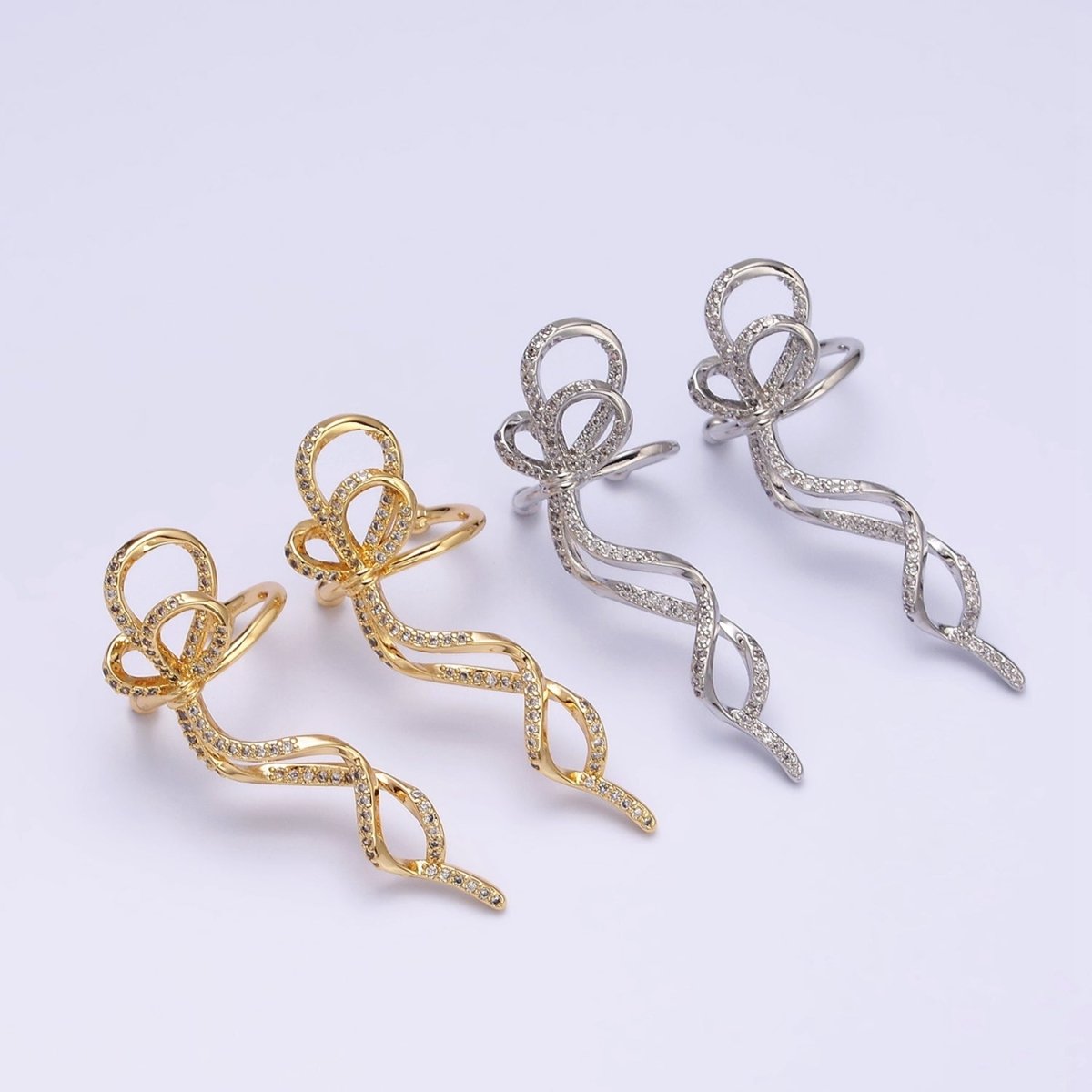 16K Gold Filled Long Ribbon Bow Twist Micro Paved Ear Cuff Earrings in Gold & Silver | AI-075 AI-076