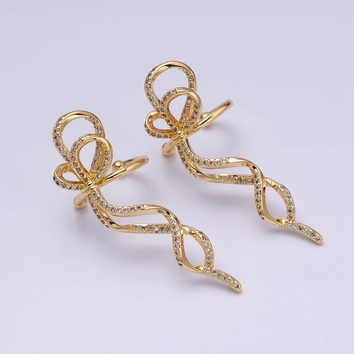 16K Gold Filled Long Ribbon Bow Twist Micro Paved Ear Cuff Earrings in Gold & Silver | AI-075 AI-076