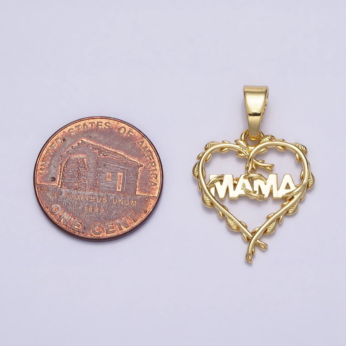16K Gold Filled "MAMA" Script Olive Vine Leaf Open Heart Pendant | AC1328