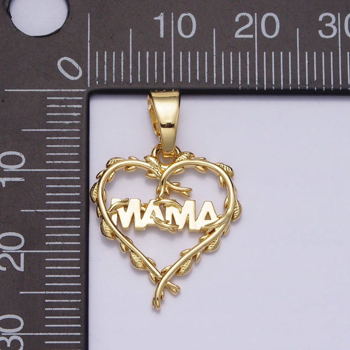 16K Gold Filled "MAMA" Script Olive Vine Leaf Open Heart Pendant | AC1328