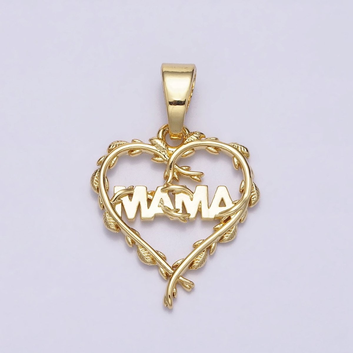 16K Gold Filled "MAMA" Script Olive Vine Leaf Open Heart Pendant | AC1328