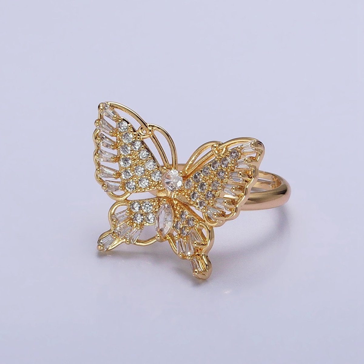 16K Gold Filled Marquise Butterfly Mariposa Micro Paved Baguette Wings Ring in Gold & Silver | O-1940