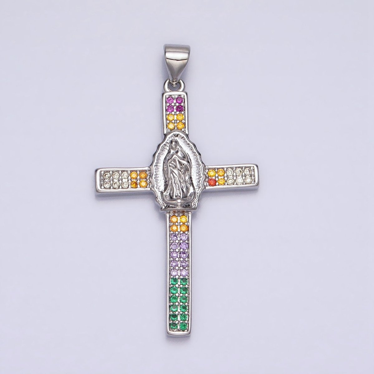 16K Gold Filled Mary Lady Guadalupe Cross Multicolor CZ Micro Paved Pendant in Gold & Silver | AA505 AA506