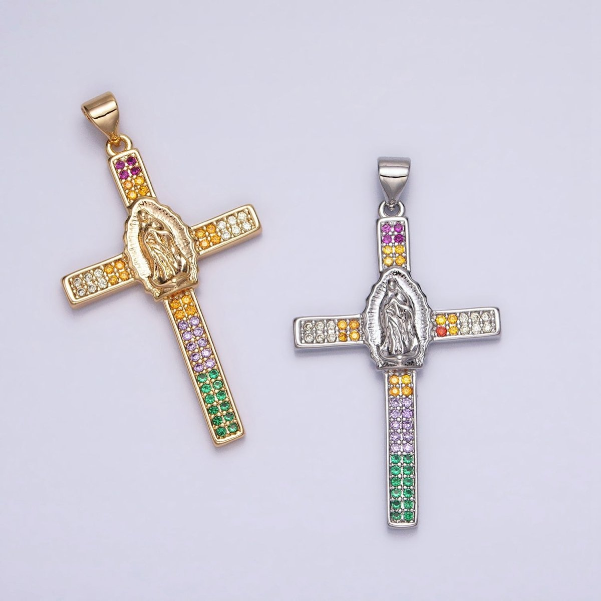 16K Gold Filled Mary Lady Guadalupe Cross Multicolor CZ Micro Paved Pendant in Gold & Silver | AA505 AA506