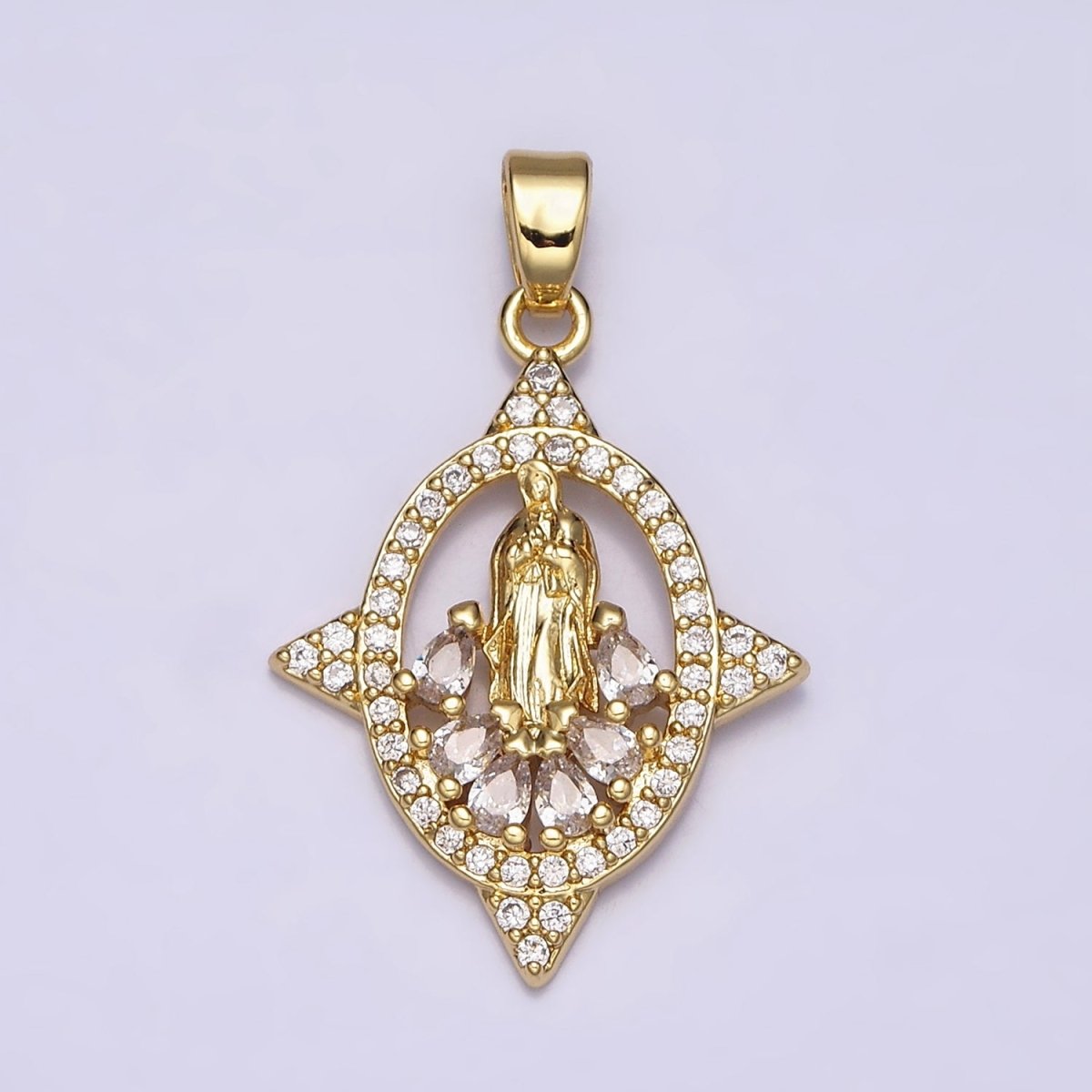 16K Gold Filled Mary Lady Guadalupe Multiple Teardrop Micro Paved Spiked Open Oval Pendant | AA482