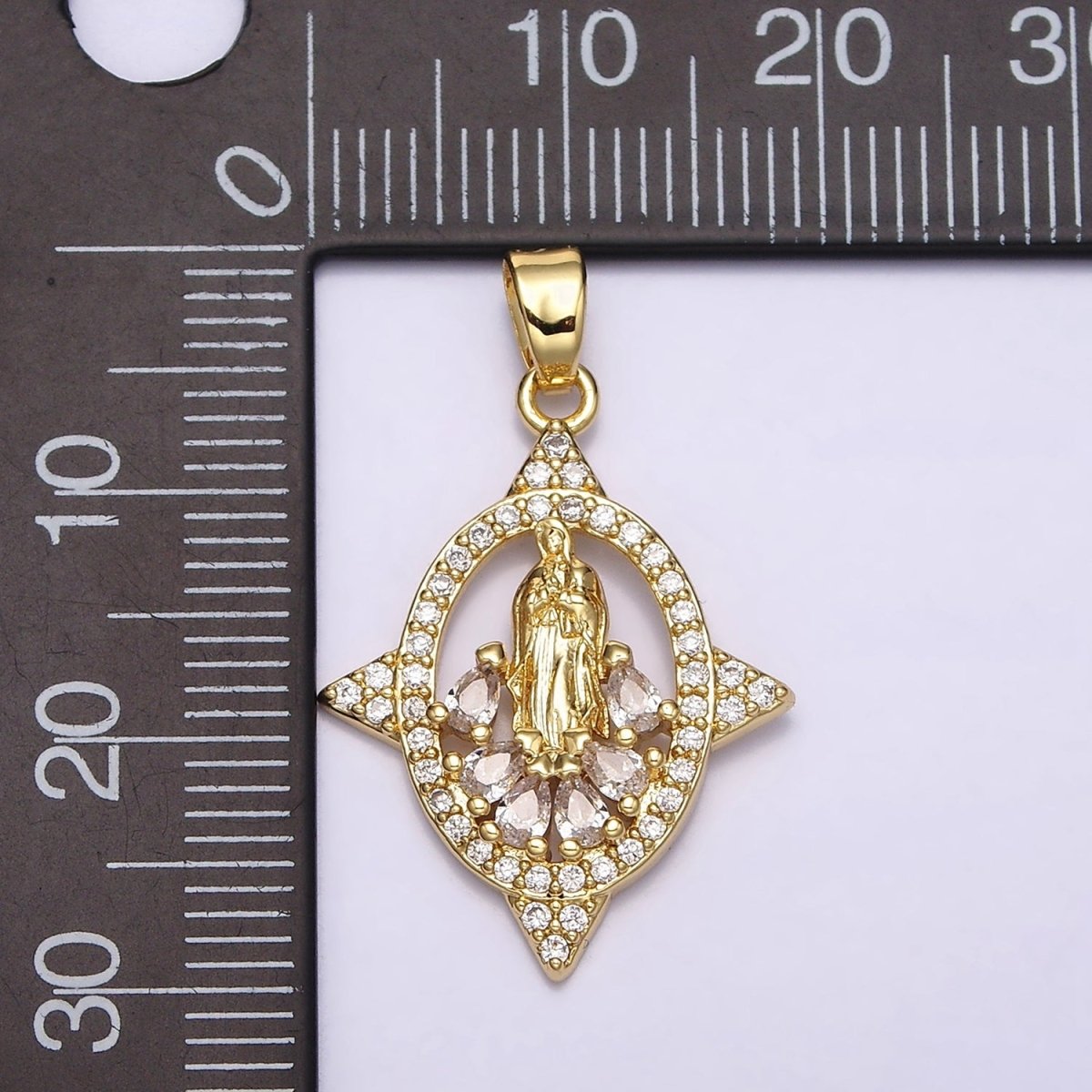 16K Gold Filled Mary Lady Guadalupe Multiple Teardrop Micro Paved Spiked Open Oval Pendant | AA482