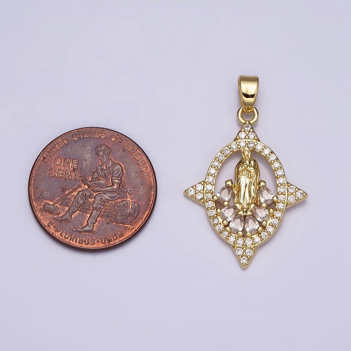 16K Gold Filled Mary Lady Guadalupe Multiple Teardrop Micro Paved Spiked Open Oval Pendant | AA482