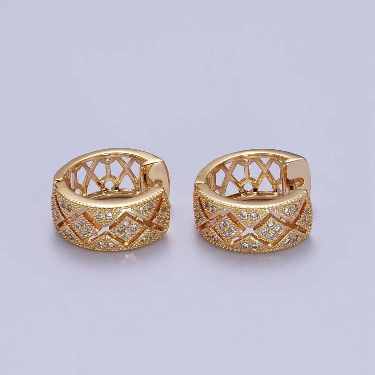 16K Gold Filled Micro Pave Cubic Zirconia Rhombus Wide Huggie Hoop Earrings | AD-500