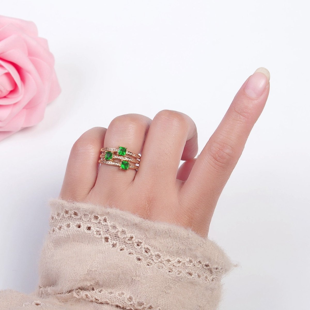 16K Gold Filled Micro Pave CZ Triple Band Emerald Green Baguette Square Cubic Zirconia Ring S-232