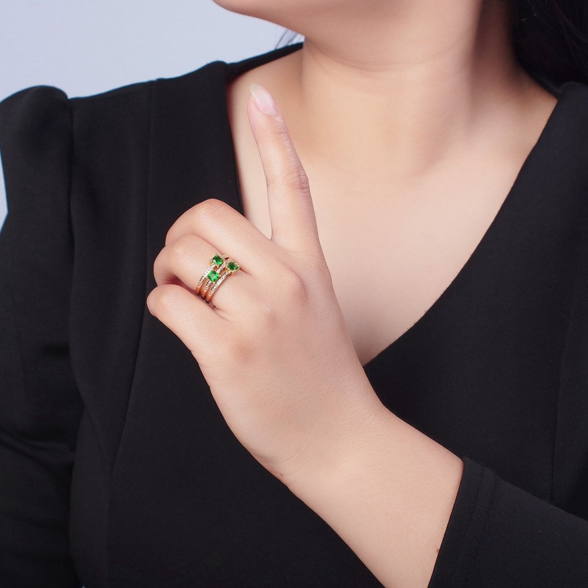 16K Gold Filled Micro Pave CZ Triple Band Emerald Green Baguette Square Cubic Zirconia Ring S-232