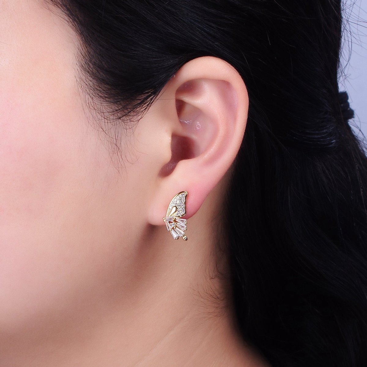 16K Gold Filled Micro Paved Baguette Butterfly Wings Set Stud Earrings | AD1229
