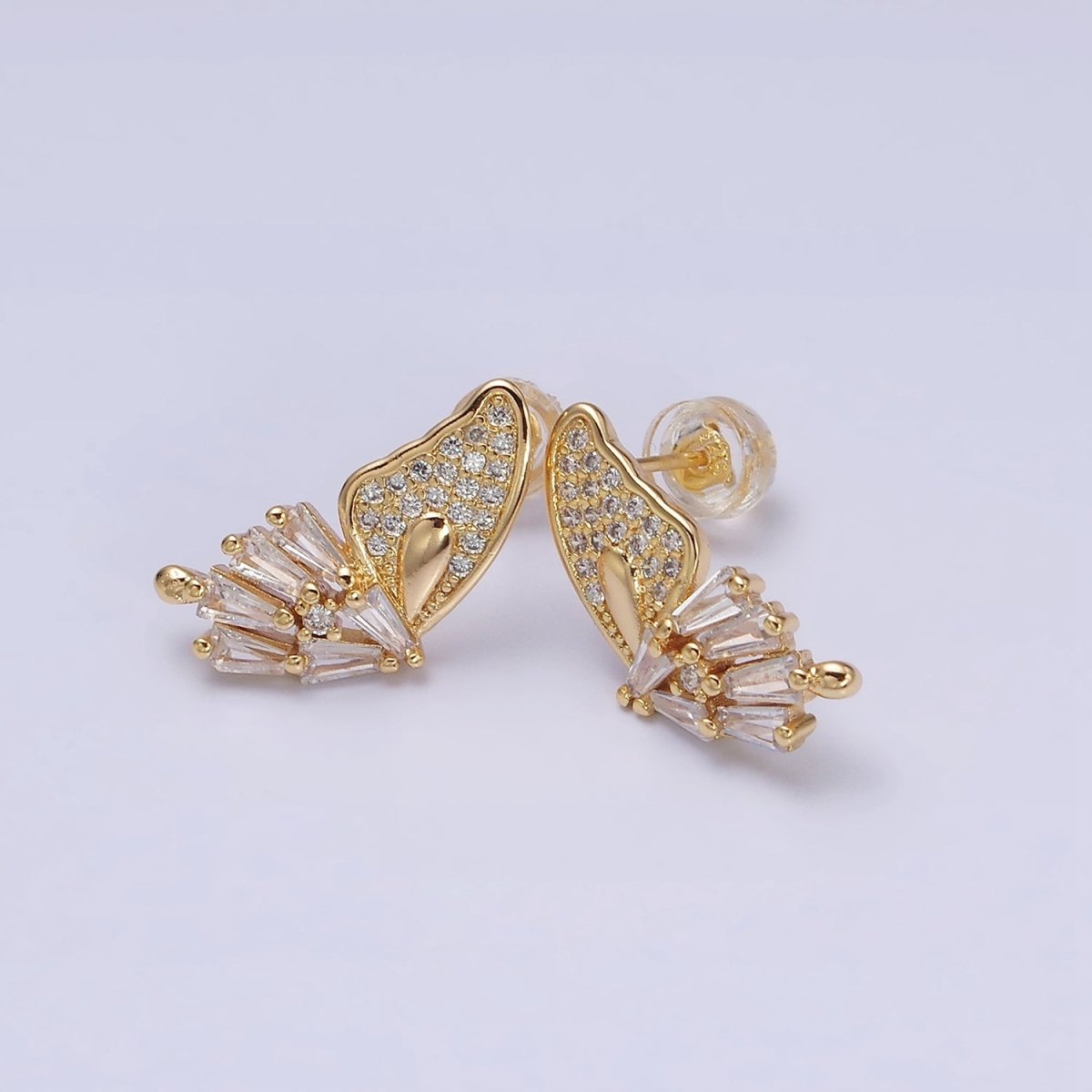 16K Gold Filled Micro Paved Baguette Butterfly Wings Set Stud Earrings | AD1229