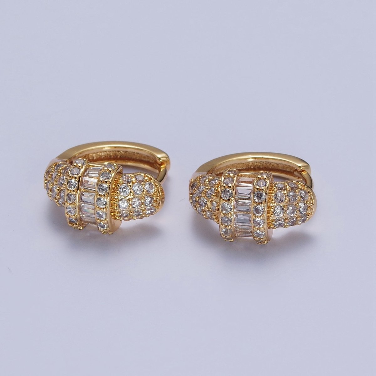 16K Gold Filled Micro Paved Baguette Center Statement Huggie Hoop Earrings | AD-499