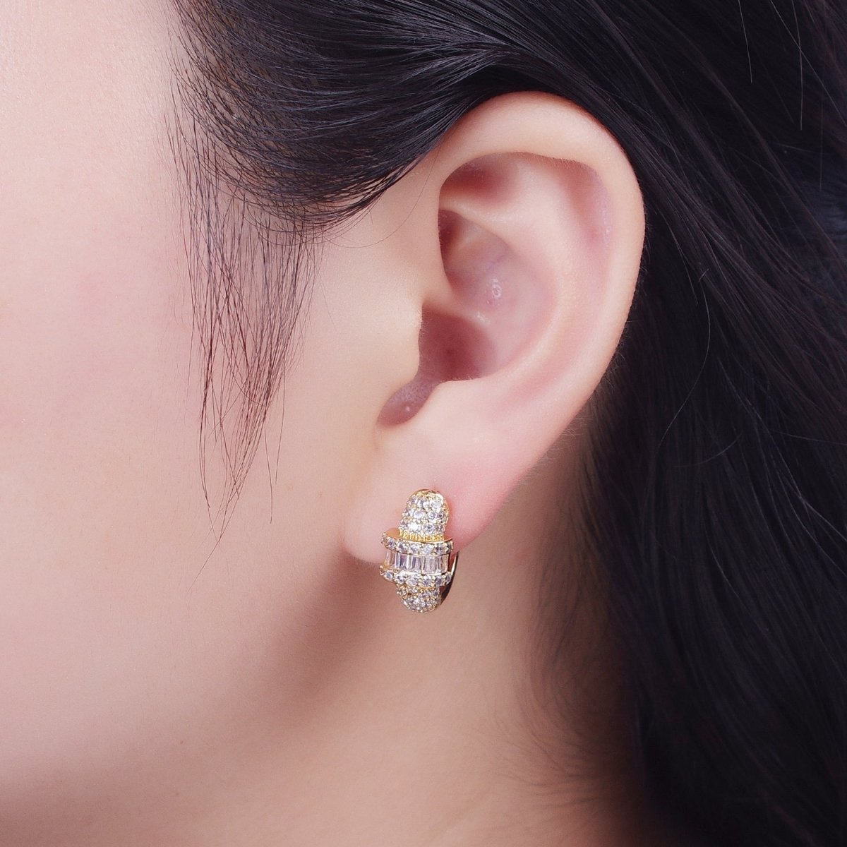 16K Gold Filled Micro Paved Baguette Center Statement Huggie Hoop Earrings | AD-499