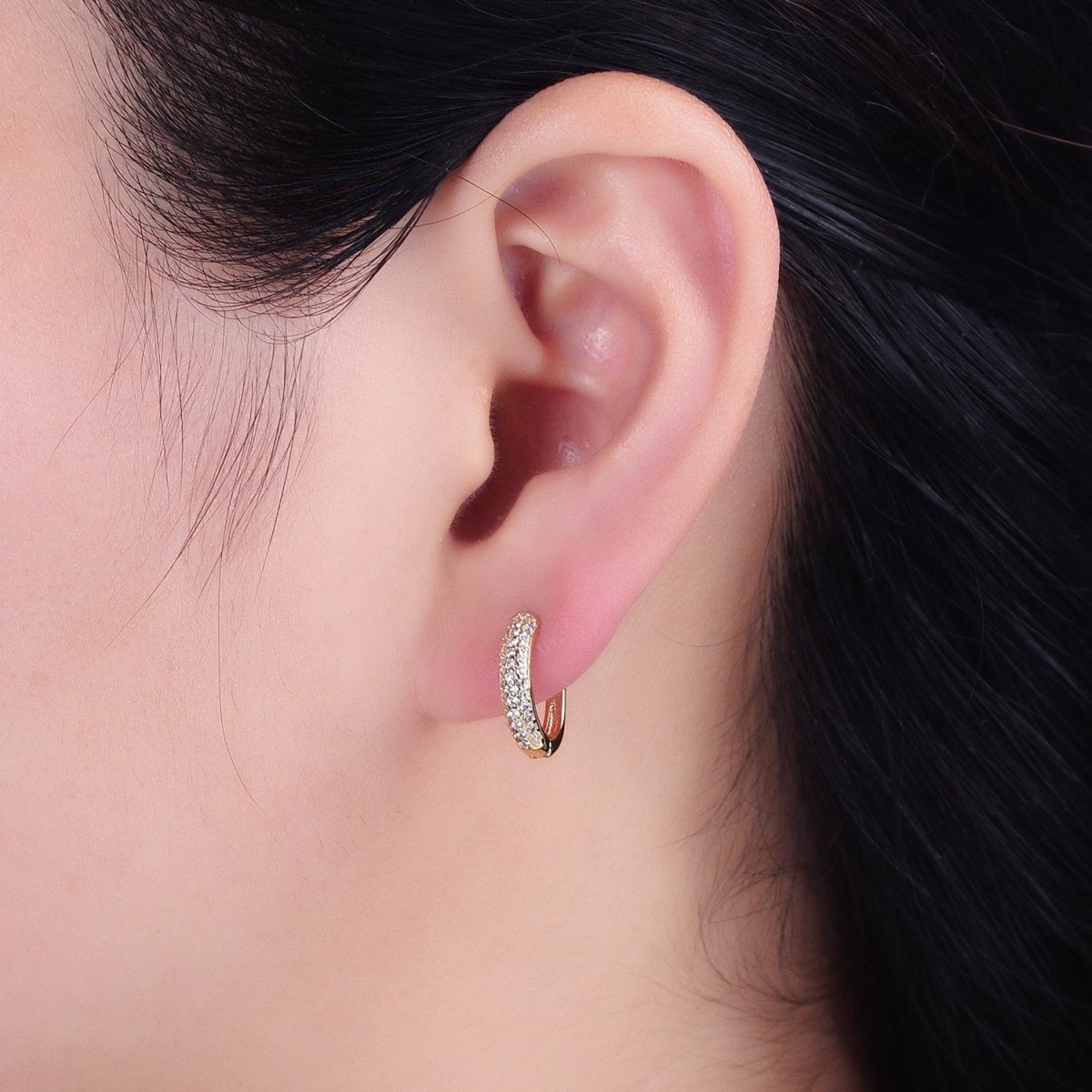 16K Gold Filled Micro Paved CZ 15mm Rounded Curved Oblong English Lock Earrings | AB957