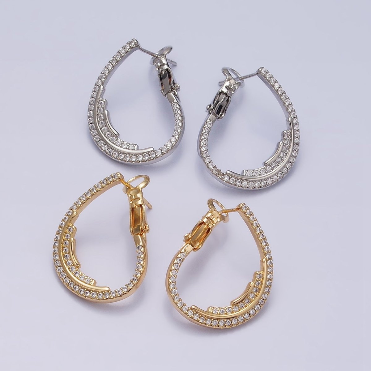 16K Gold Filled Micro Paved CZ Double Lined Teardrop Font-Facing Hinge Hoop Earrings in Gold & Silver | AD899 AD900