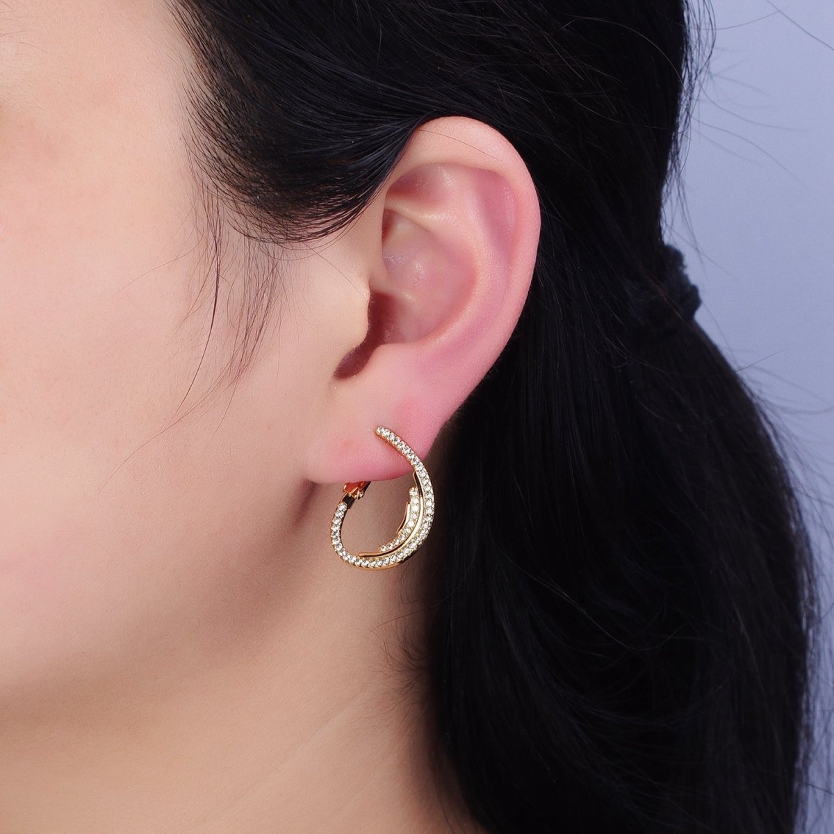 16K Gold Filled Micro Paved CZ Double Lined Teardrop Font-Facing Hinge Hoop Earrings in Gold & Silver | AD899 AD900