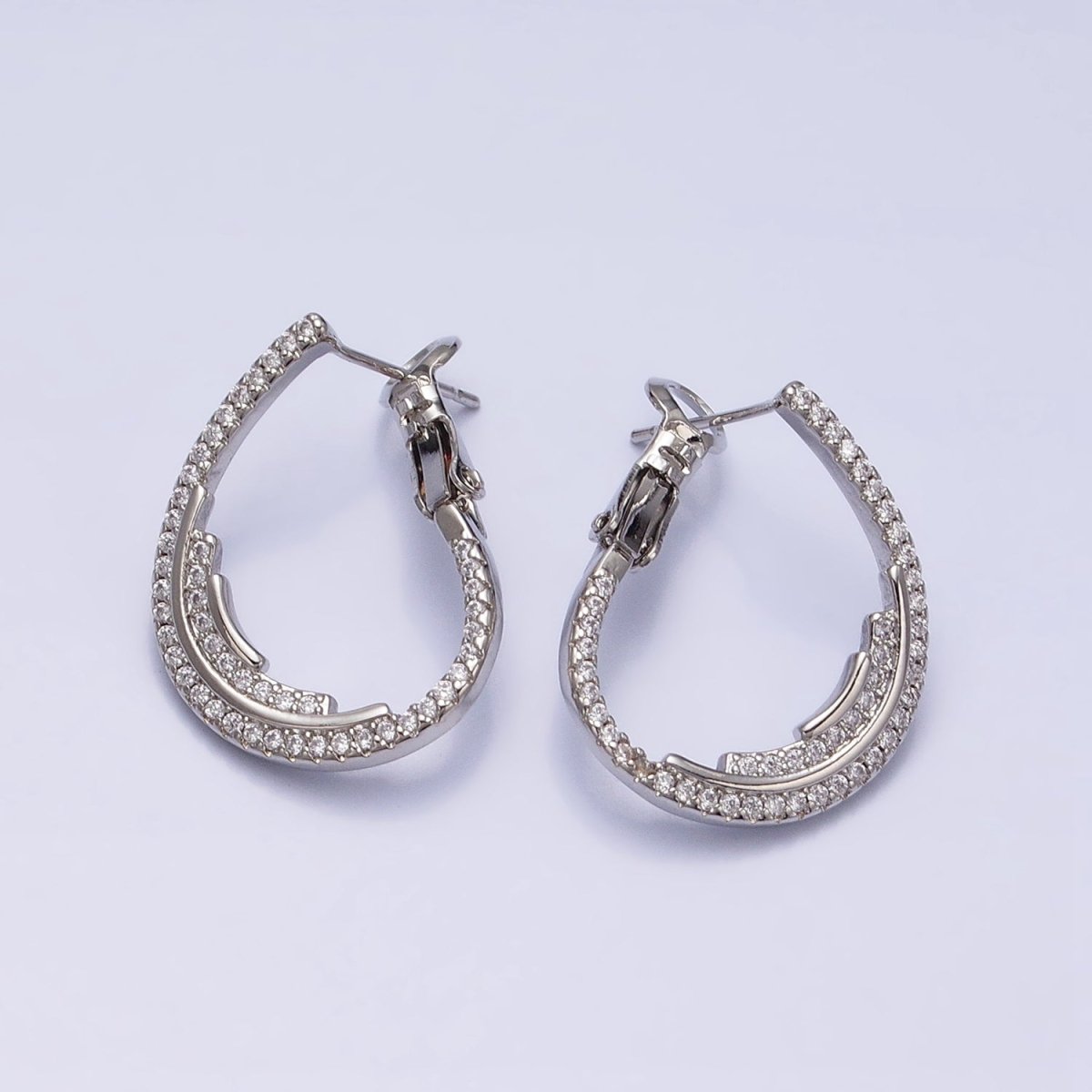 16K Gold Filled Micro Paved CZ Double Lined Teardrop Font-Facing Hinge Hoop Earrings in Gold & Silver | AD899 AD900