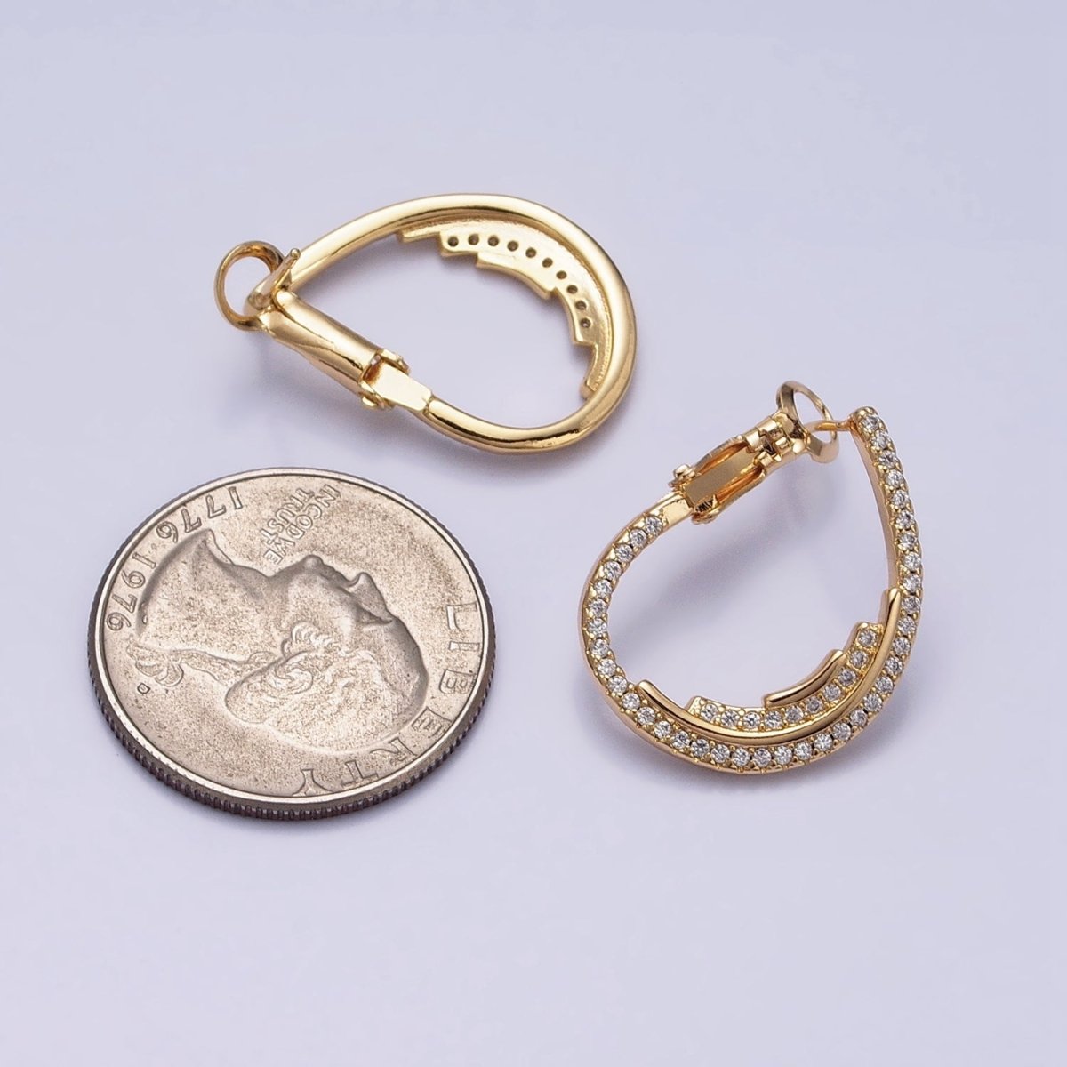 16K Gold Filled Micro Paved CZ Double Lined Teardrop Font-Facing Hinge Hoop Earrings in Gold & Silver | AD899 AD900
