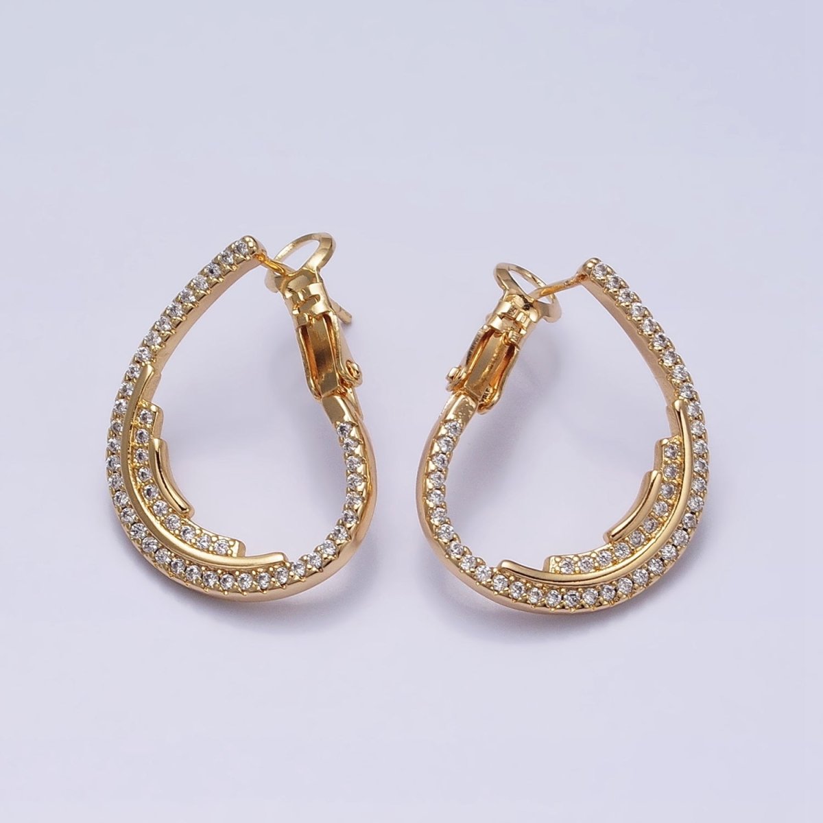 16K Gold Filled Micro Paved CZ Double Lined Teardrop Font-Facing Hinge Hoop Earrings in Gold & Silver | AD899 AD900