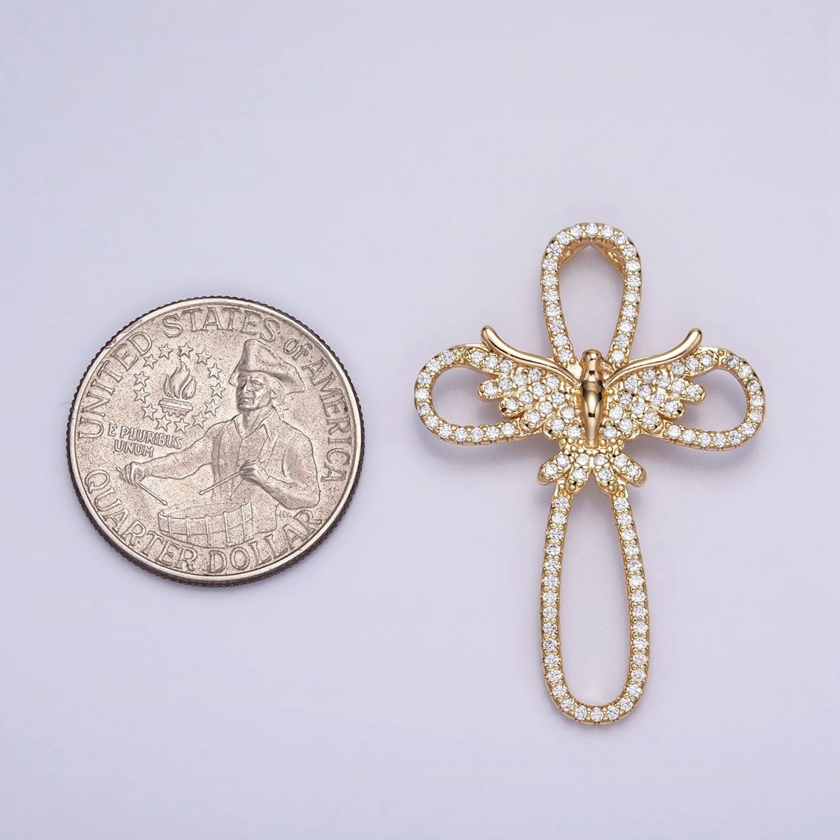 16K Gold Filled Micro Paved CZ Flying Dove Open Cross Back Loop Pendant in Gold & Silver | AA379 AA380