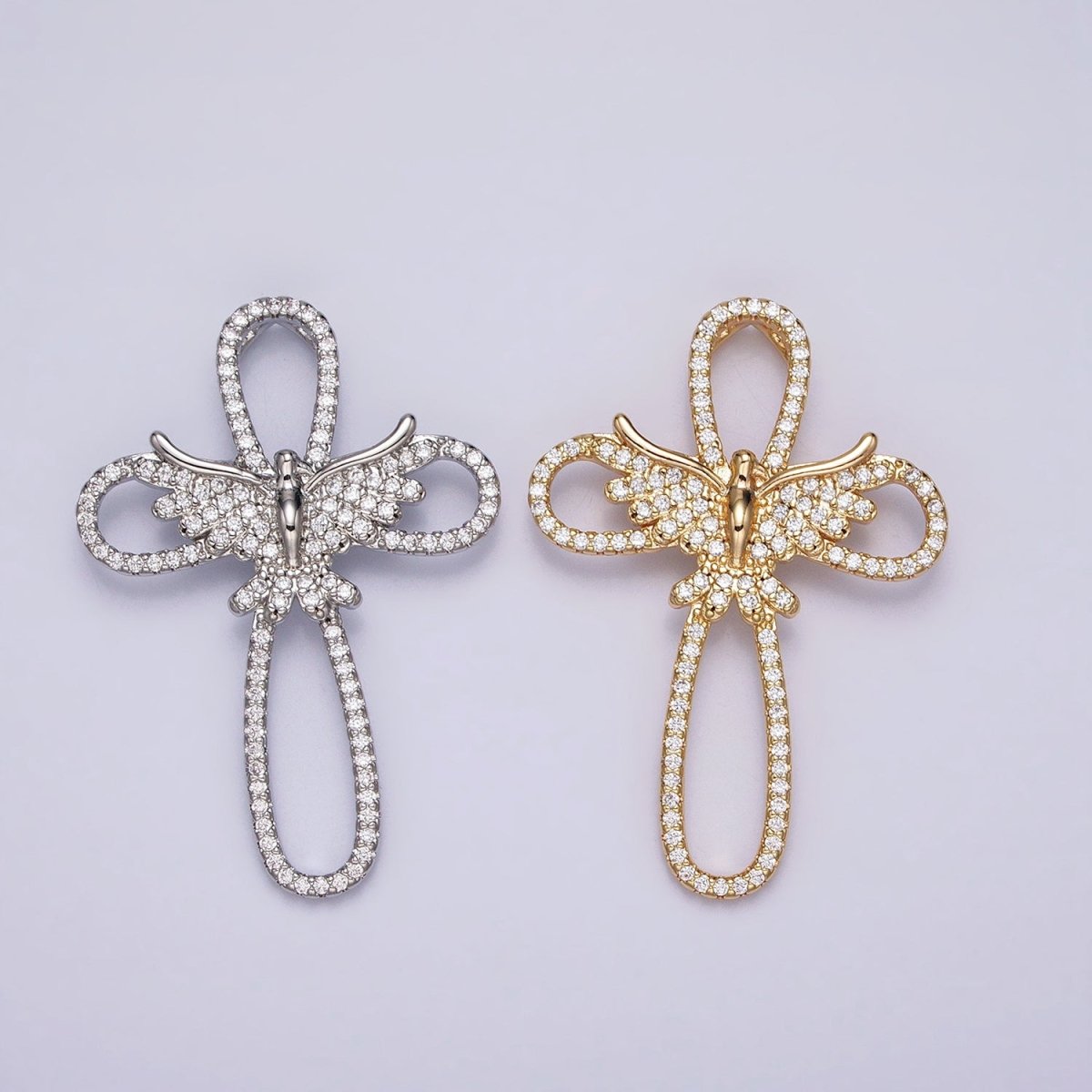 16K Gold Filled Micro Paved CZ Flying Dove Open Cross Back Loop Pendant in Gold & Silver | AA379 AA380