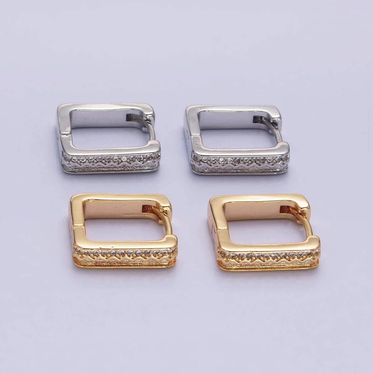 16K Gold Filled Micro Paved CZ Line Zig Zag Geometric Oblong Hoop in Gold & Silver | AB1480 AB1481