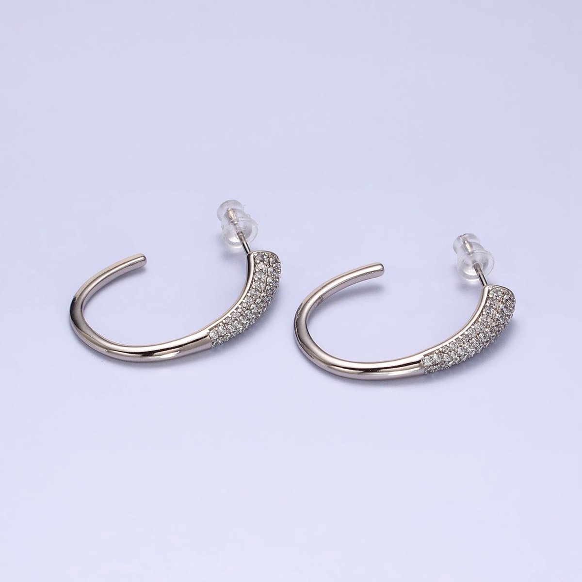 16K Gold Filled Micro Paved CZ Minimalist J-Shaped Hoop Earrings in Gold & Silver | AE041 AE042