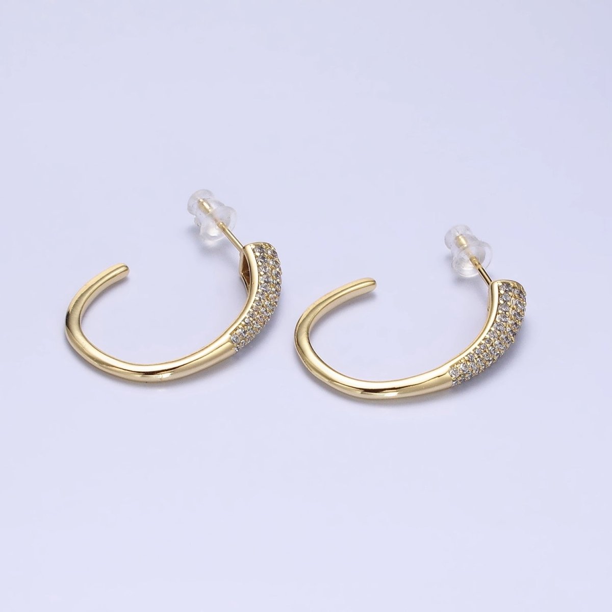 16K Gold Filled Micro Paved CZ Minimalist J-Shaped Hoop Earrings in Gold & Silver | AE041 AE042