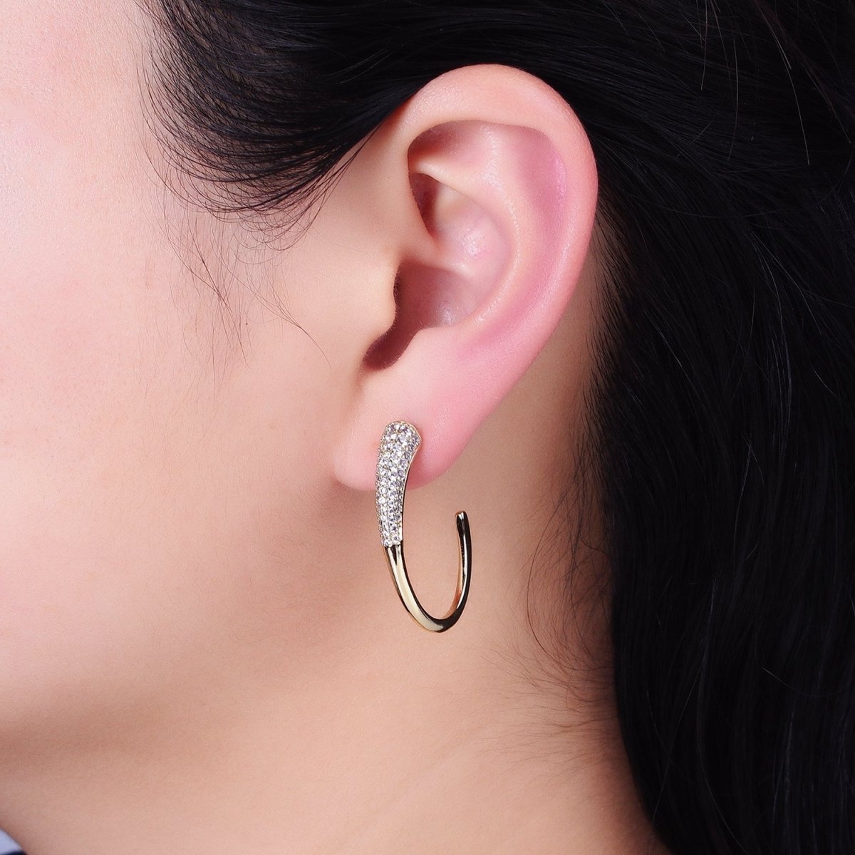 16K Gold Filled Micro Paved CZ Minimalist J-Shaped Hoop Earrings in Gold & Silver | AE041 AE042