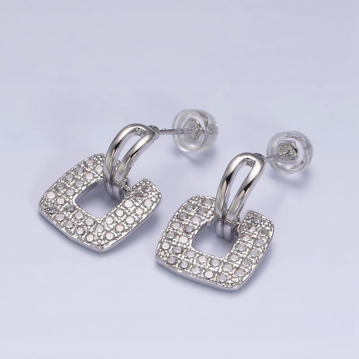 16K Gold Filled Micro Paved CZ Open Square Double Bar Curved Stud Earrings in Gold & Silver | AD1255 AD1256