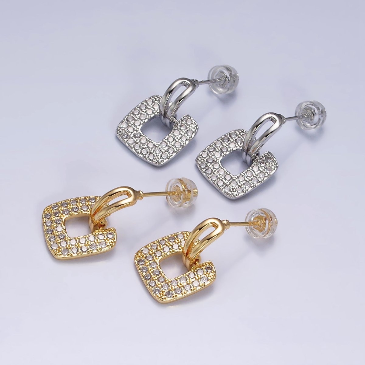 16K Gold Filled Micro Paved CZ Open Square Double Bar Curved Stud Earrings in Gold & Silver | AD1255 AD1256