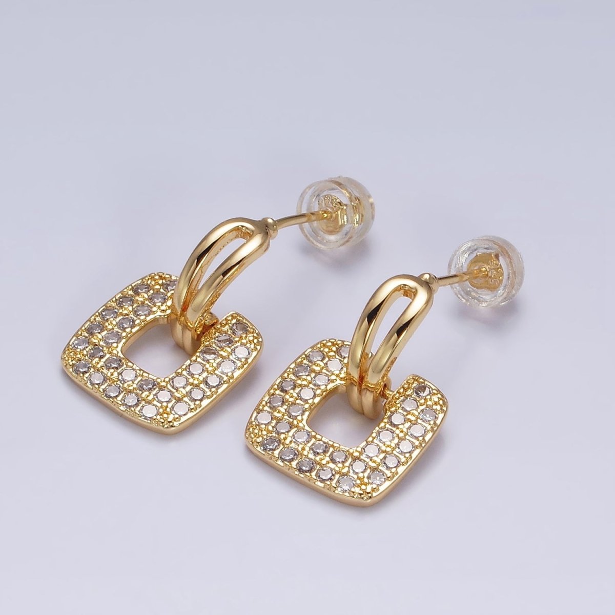 16K Gold Filled Micro Paved CZ Open Square Double Bar Curved Stud Earrings in Gold & Silver | AD1255 AD1256