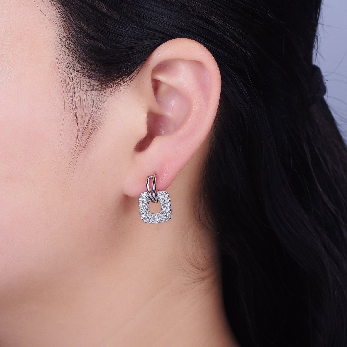 16K Gold Filled Micro Paved CZ Open Square Double Bar Curved Stud Earrings in Gold & Silver | AD1255 AD1256