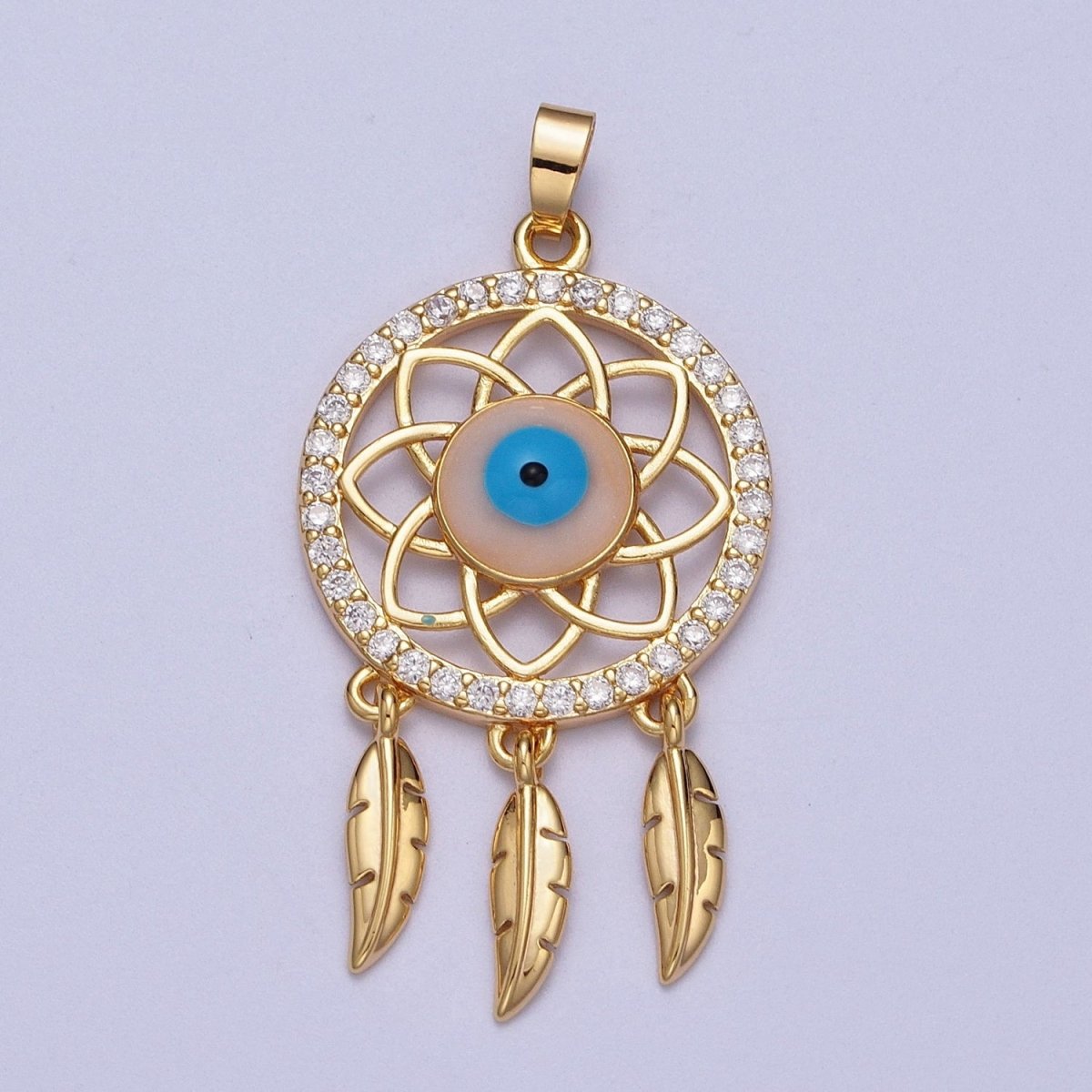 16K Gold Filled Micro Paved Evil Eye of Ra Dreamcatcher Feathers Pendant For DIY Protection Jewelry Making | X-688