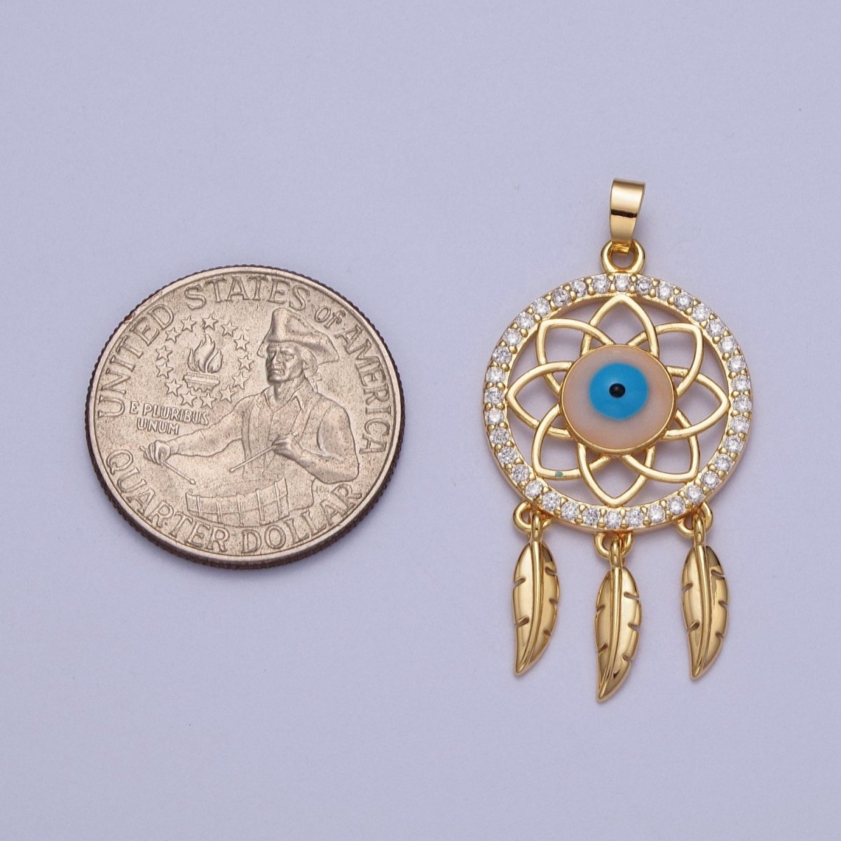 16K Gold Filled Micro Paved Evil Eye of Ra Dreamcatcher Feathers Pendant For DIY Protection Jewelry Making | X-688